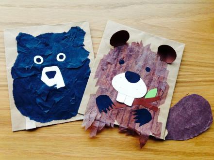 Beaver and black bear paper bag puppets